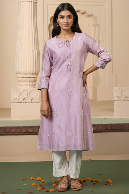 Folksong Lilac Cotton-Silk A-Line Embroidered Chikankari Regular Kurta
