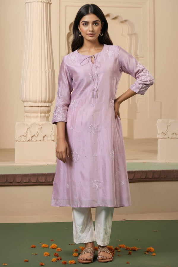 Folksong Lilac Cotton-Silk A-Line Embroidered Chikankari Regular Kurta