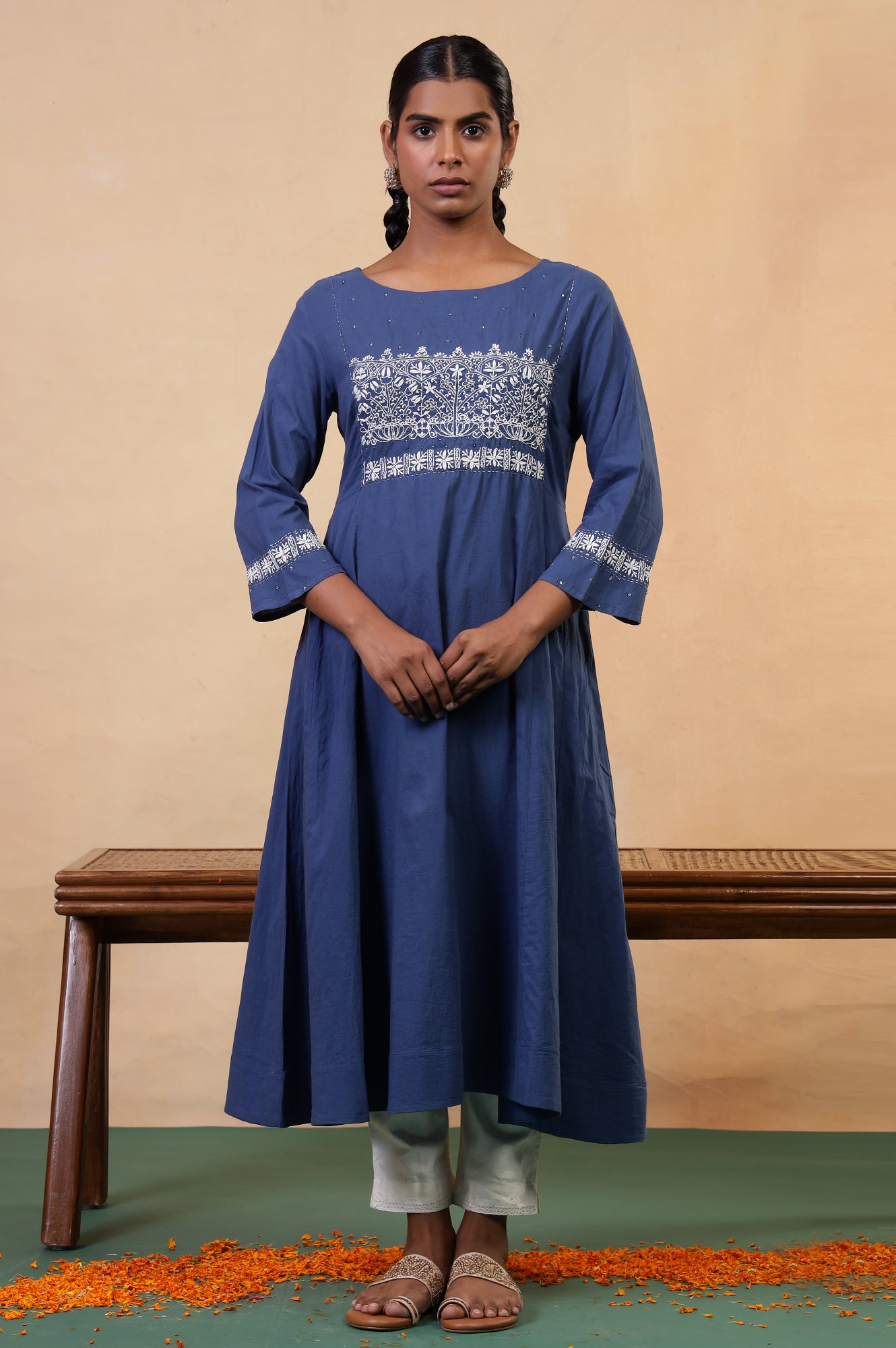 Folksong Midnight Blue Chikankari Embroidered Cotton Anarkali Kurta