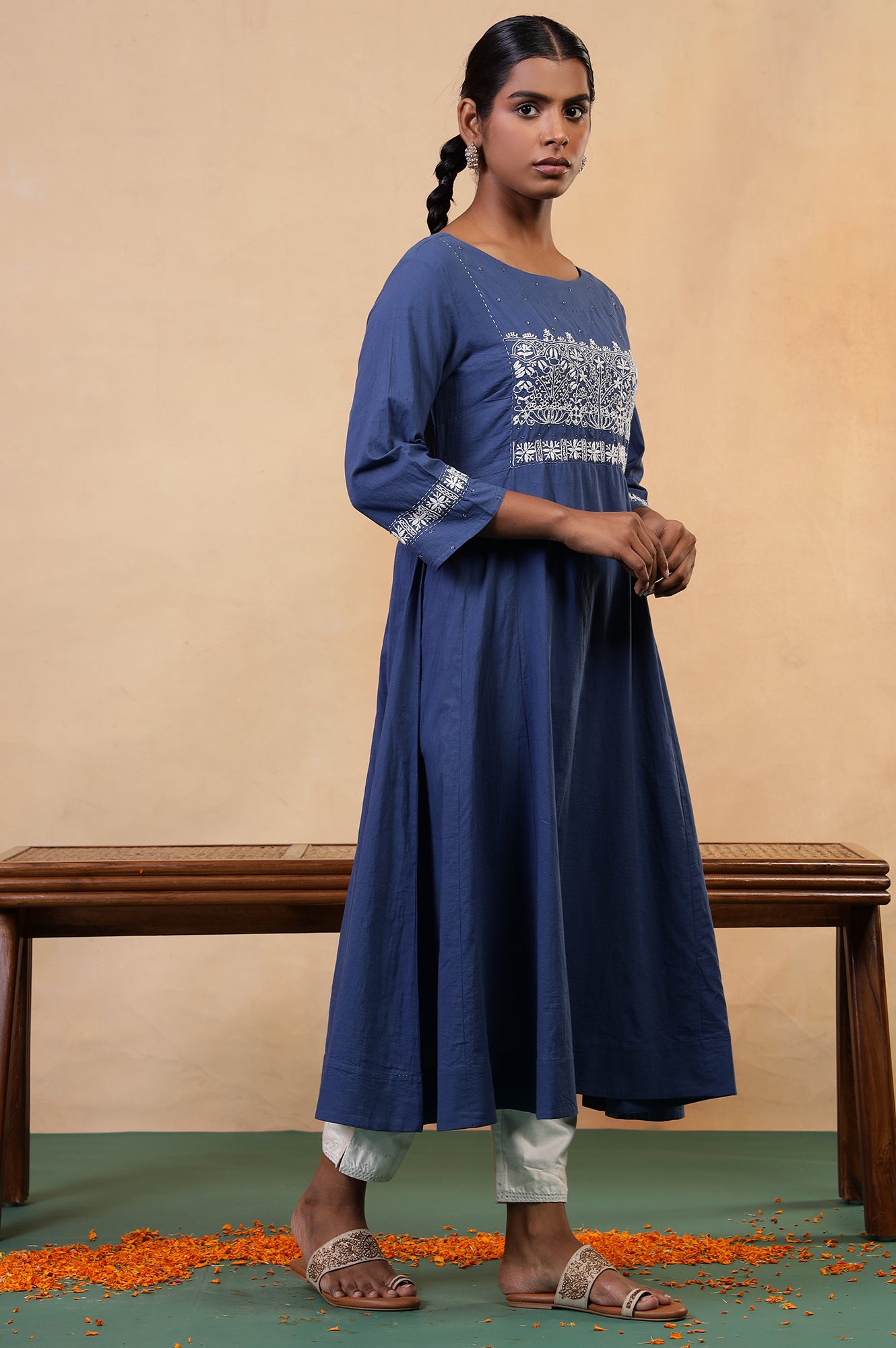 Folksong Midnight Blue Chikankari Embroidered Cotton Anarkali Kurta