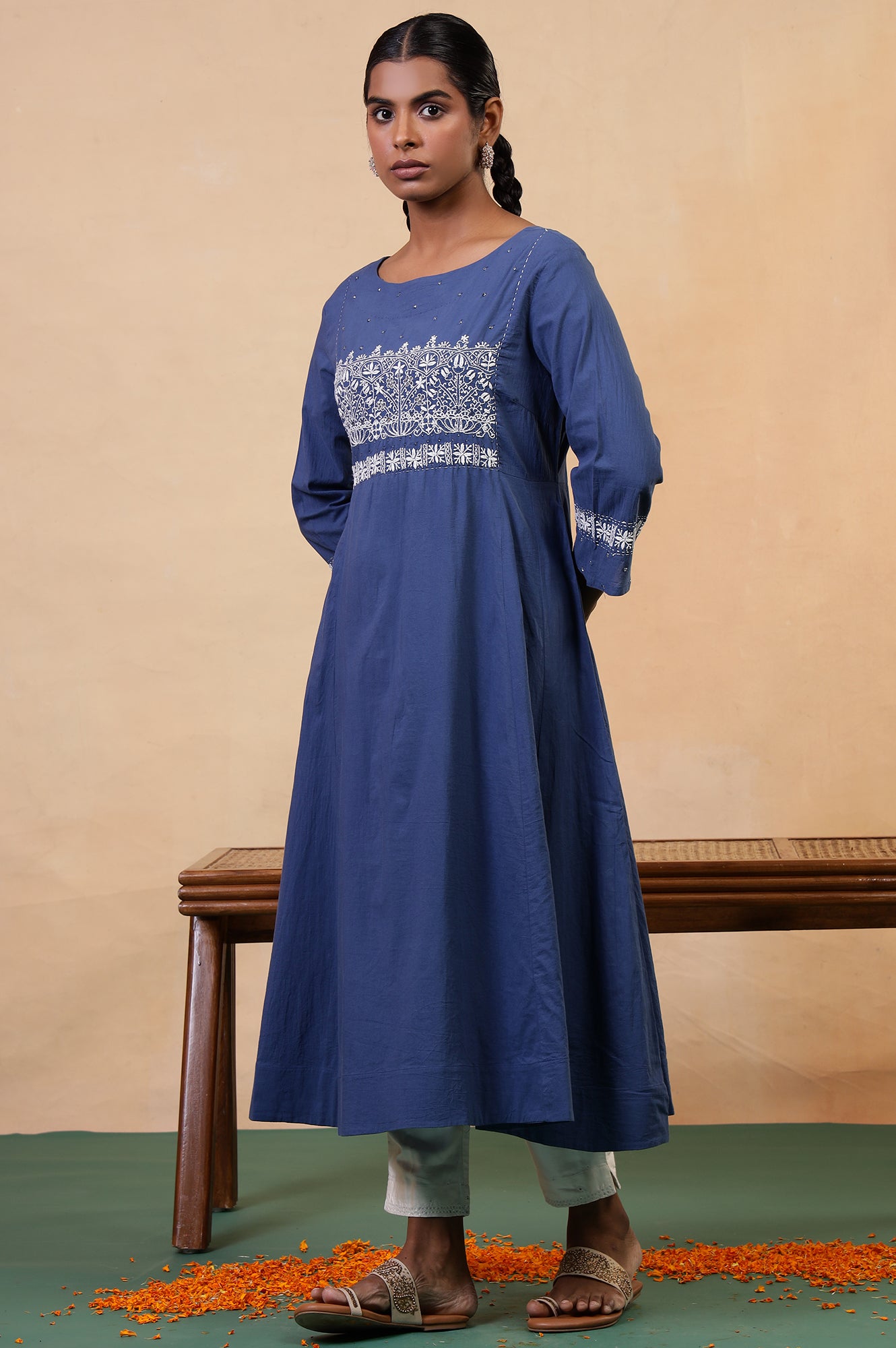 Folksong Midnight Blue Chikankari Embroidered Cotton Anarkali Kurta