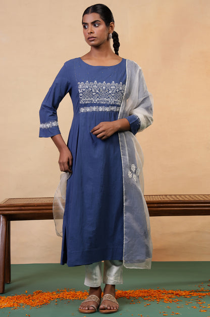 Folksong Midnight Blue Chikankari Embroidered Cotton Anarkali Kurta