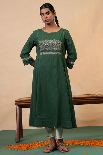 Folksong Amazon Green Chikankari Embroidered Cotton Flared Anarkali Kurta