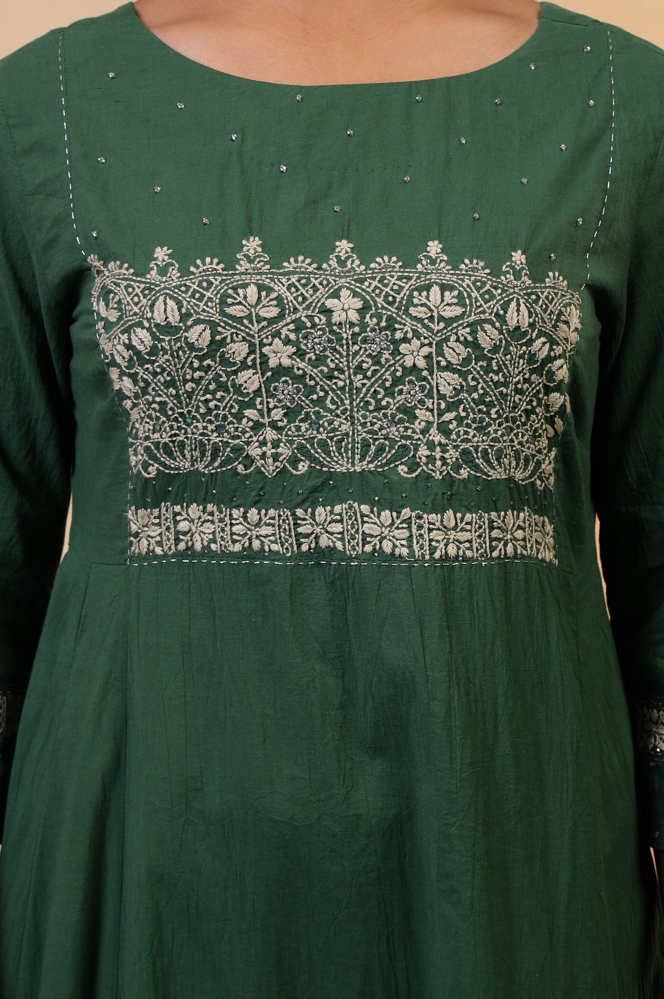 Folksong Amazon Green Chikankari Embroidered Cotton Flared Anarkali Kurta