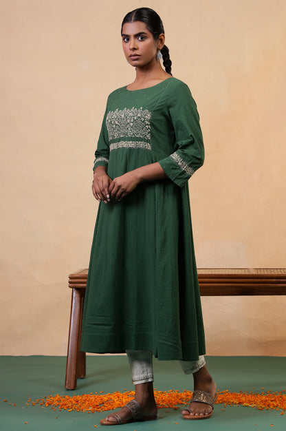 Folksong Amazon Green Chikankari Embroidered Cotton Flared Anarkali Kurta