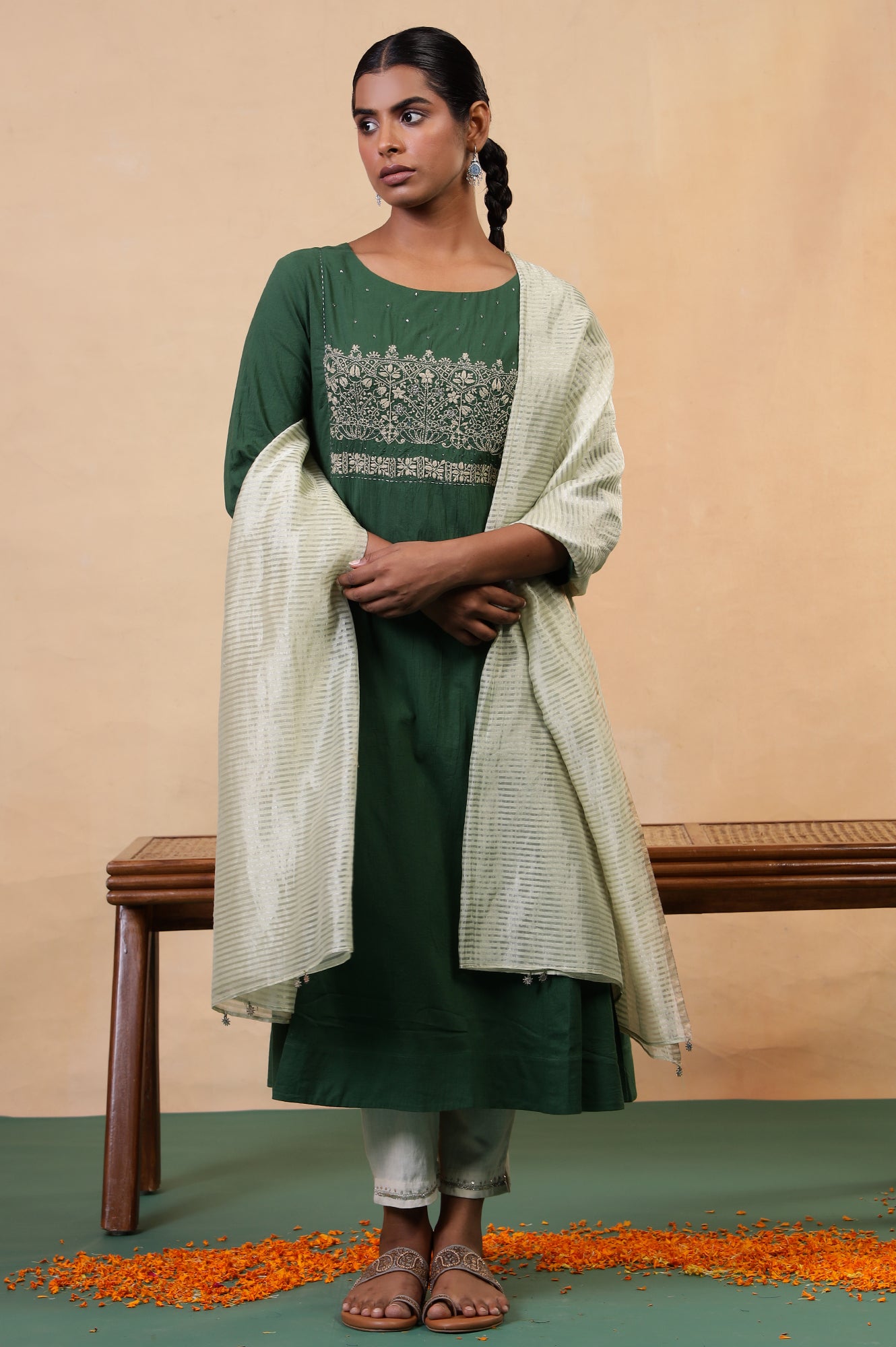 Folksong Amazon Green Chikankari Embroidered Cotton Flared Anarkali Kurta