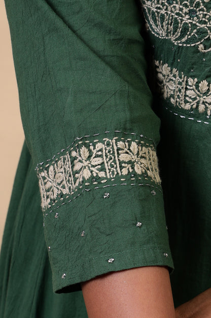 Folksong Amazon Green Chikankari Embroidered Cotton Flared Anarkali Kurta