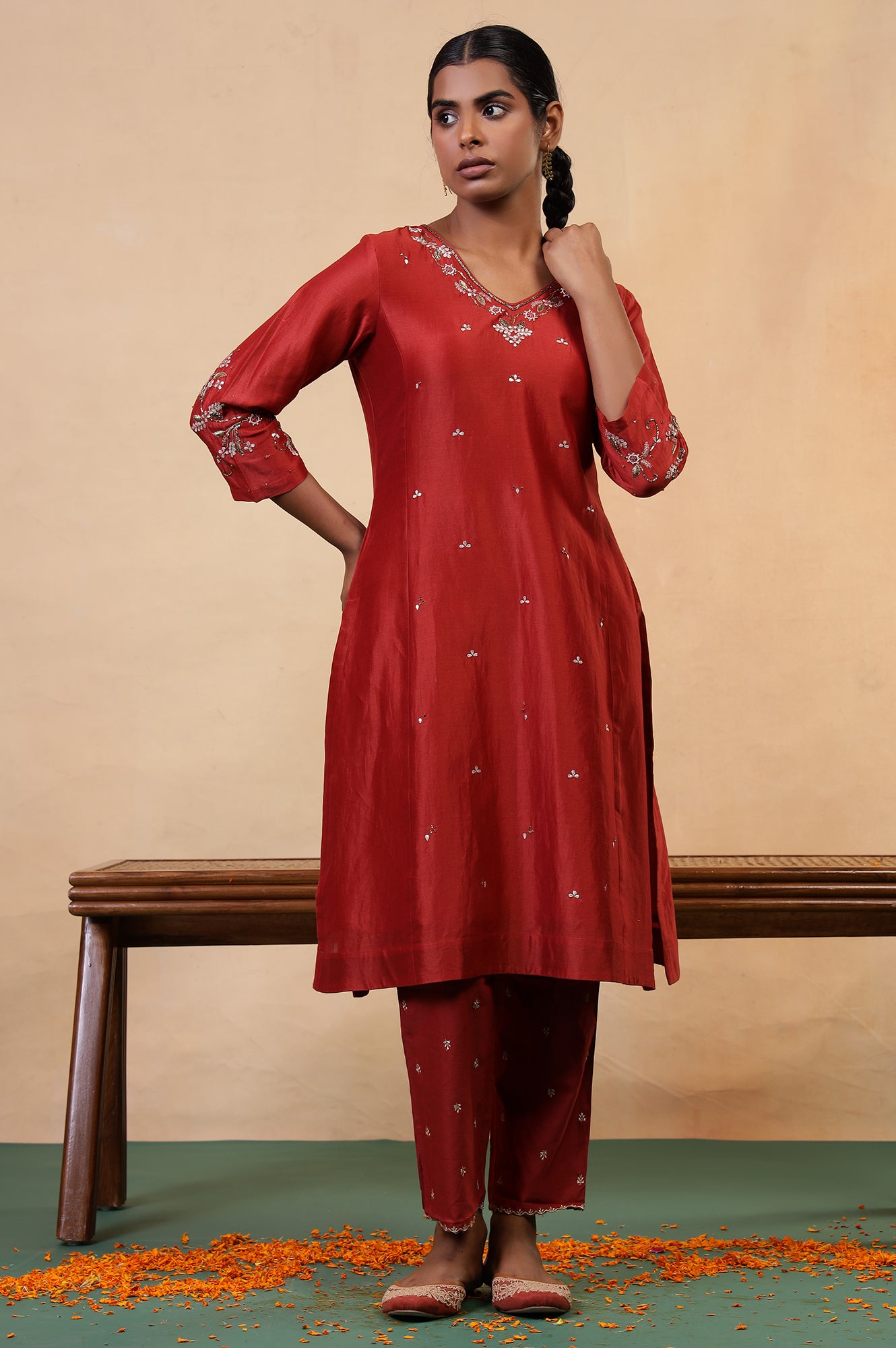 Folksong Red Rust Gotta Patti Cotton Silk Blend A-Line Kurta