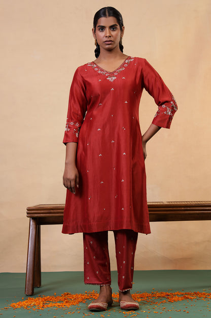 Folksong Red Rust Gotta Patti Cotton Silk Blend A-Line Kurta