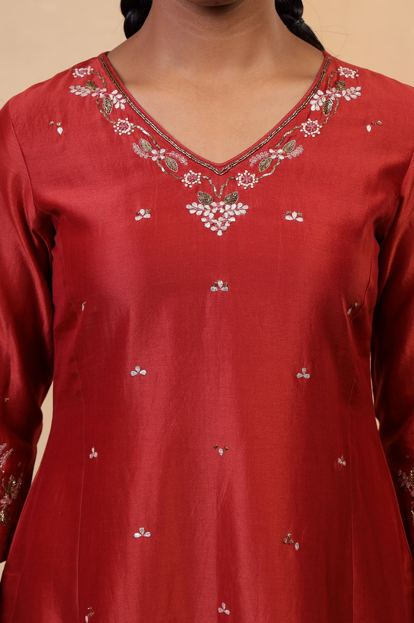 Folksong Red Rust Gotta Patti Cotton Silk Blend A-Line Kurta