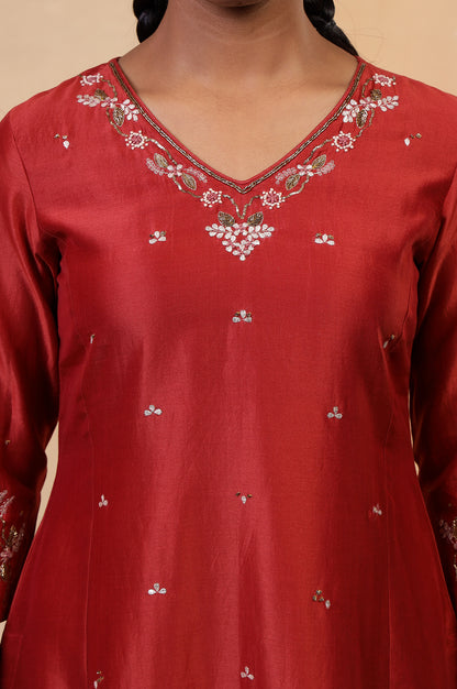 Folksong Red Rust Gotta Patti Cotton Silk Blend A-Line Kurta