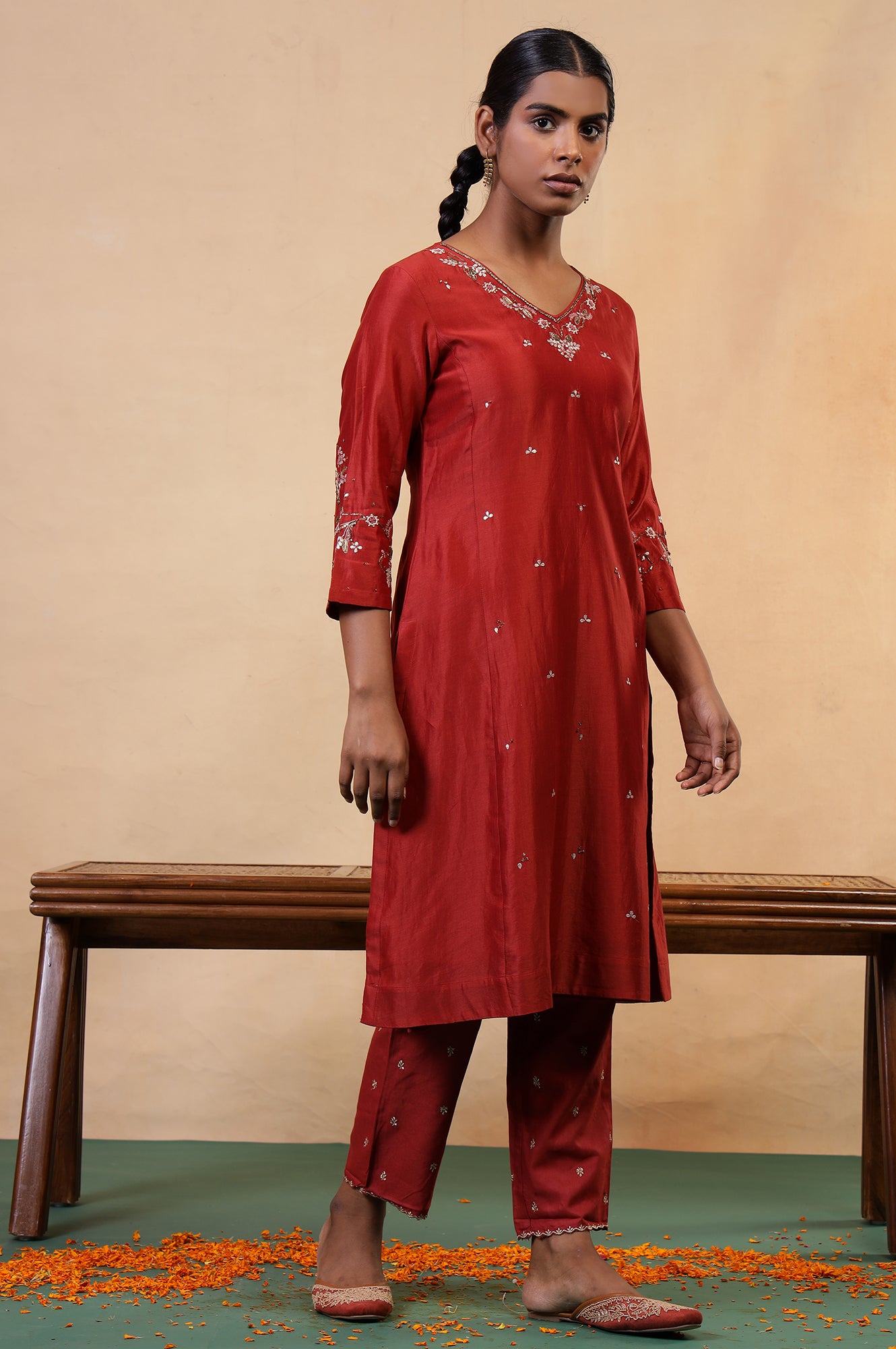 Folksong Red Rust Gotta Patti Cotton Silk Blend A-Line Kurta