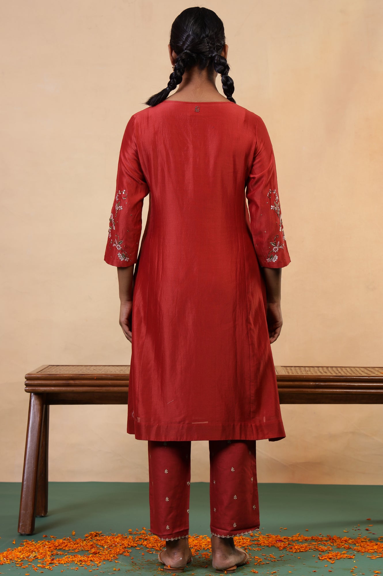 Folksong Red Rust Gotta Patti Cotton Silk Blend A-Line Kurta