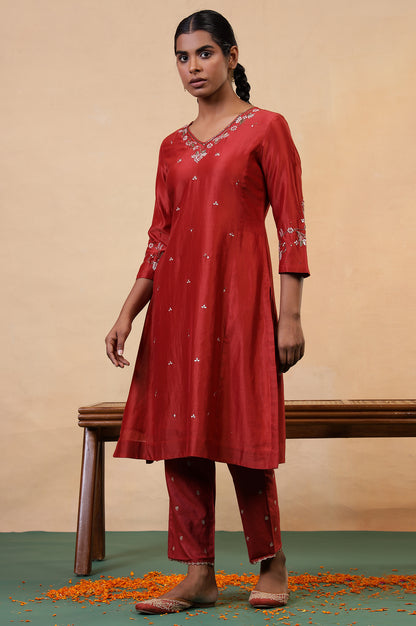 Folksong Red Rust Gotta Patti Cotton Silk Blend A-Line Kurta