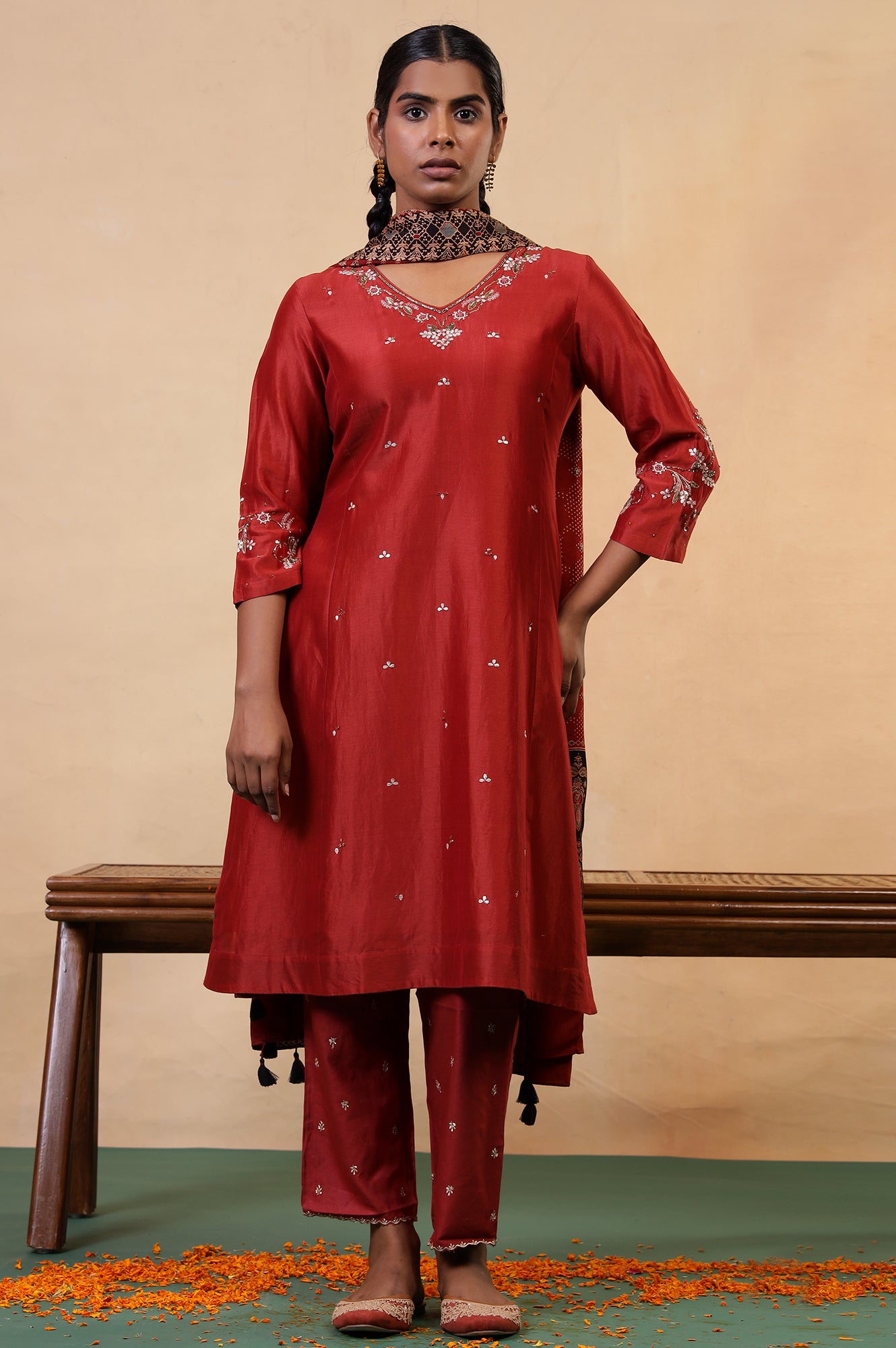 Folksong Red Rust Gotta Patti Cotton Silk Blend A-Line Kurta