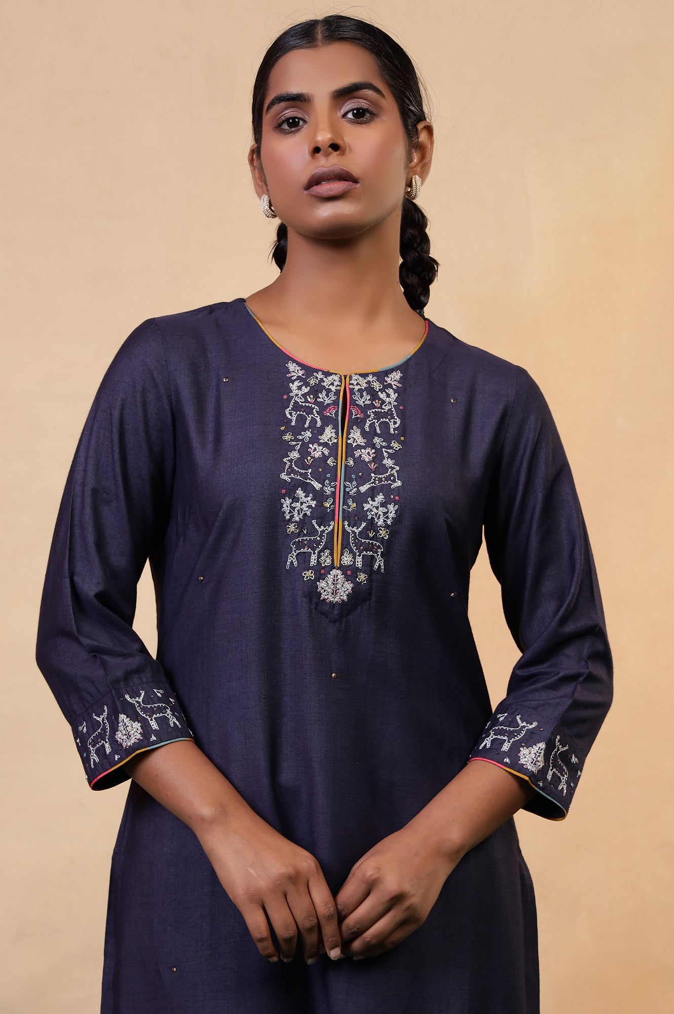 Folksong Blue Grey Sequin Embellished Viscose Blend Straight Kurta