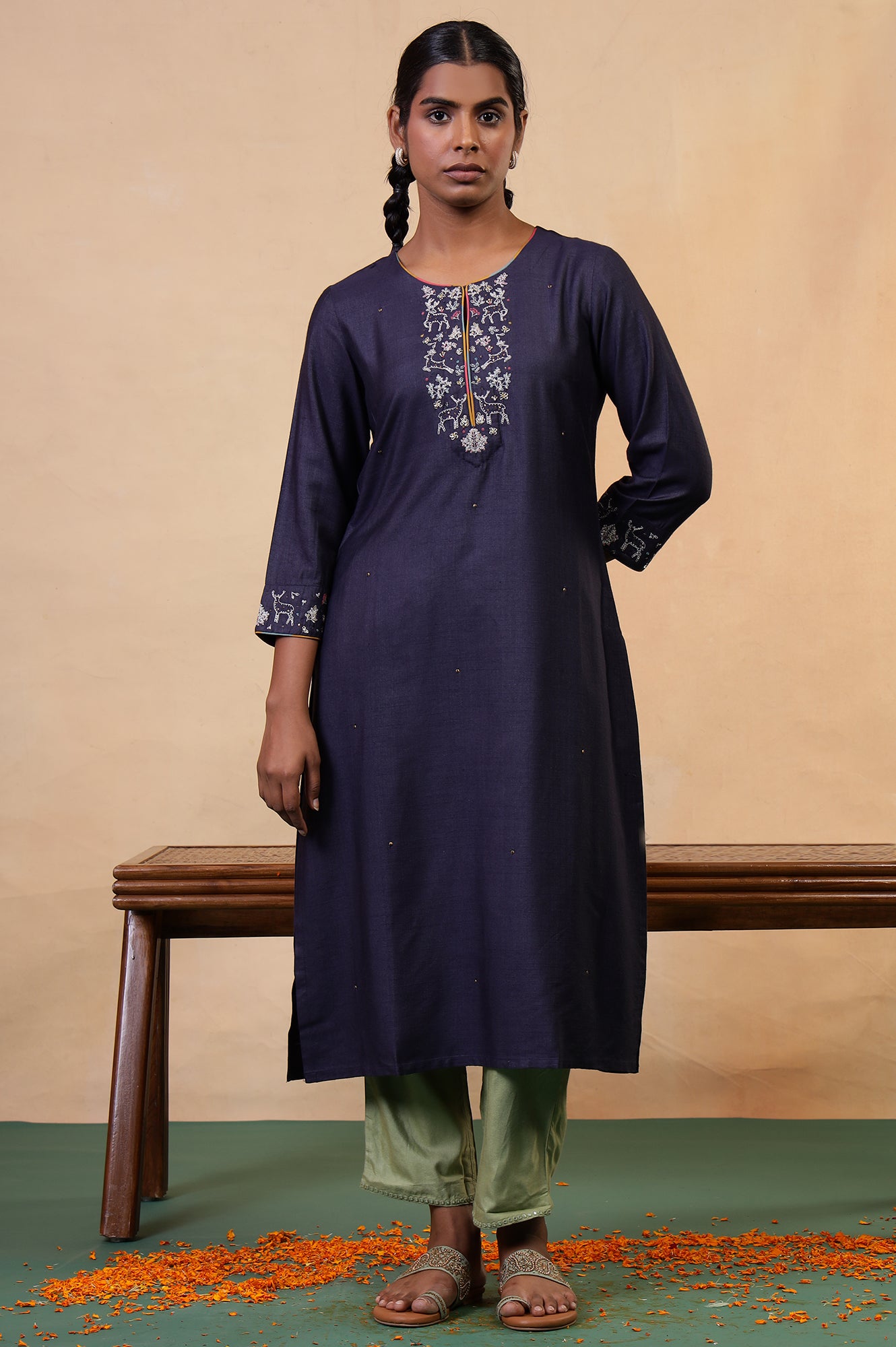 Folksong Blue Grey Sequin Embellished Viscose Blend Straight Kurta