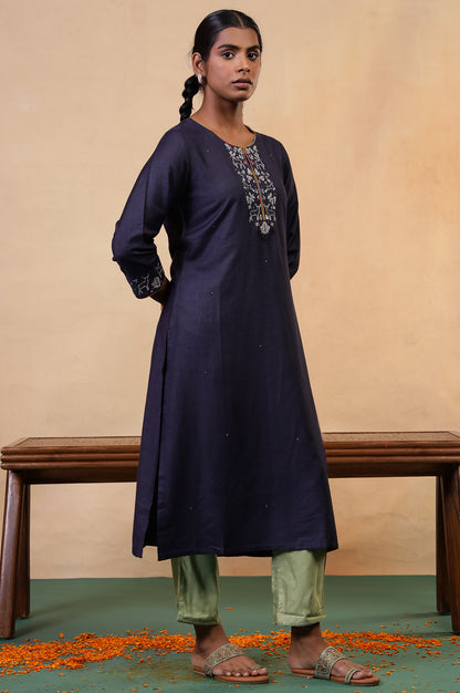 Folksong Blue Grey Sequin Embellished Viscose Blend Straight Kurta