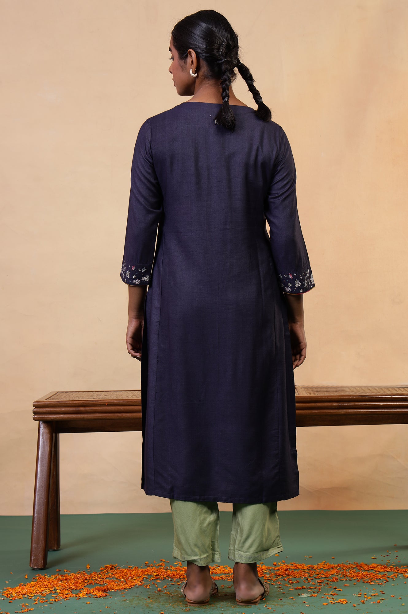 Folksong Blue Grey Sequin Embellished Viscose Blend Straight Kurta