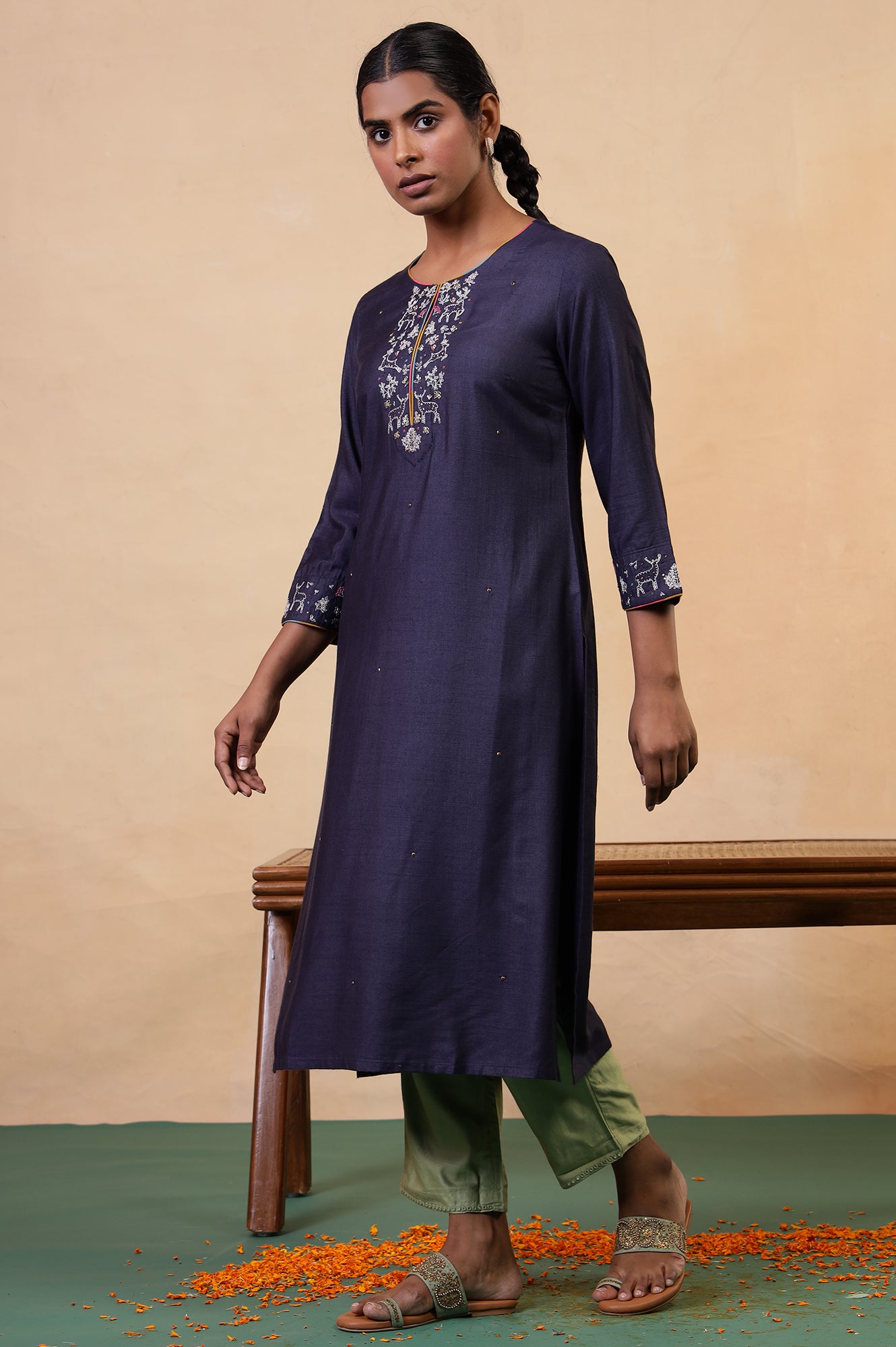 Folksong Blue Grey Sequin Embellished Viscose Blend Straight Kurta