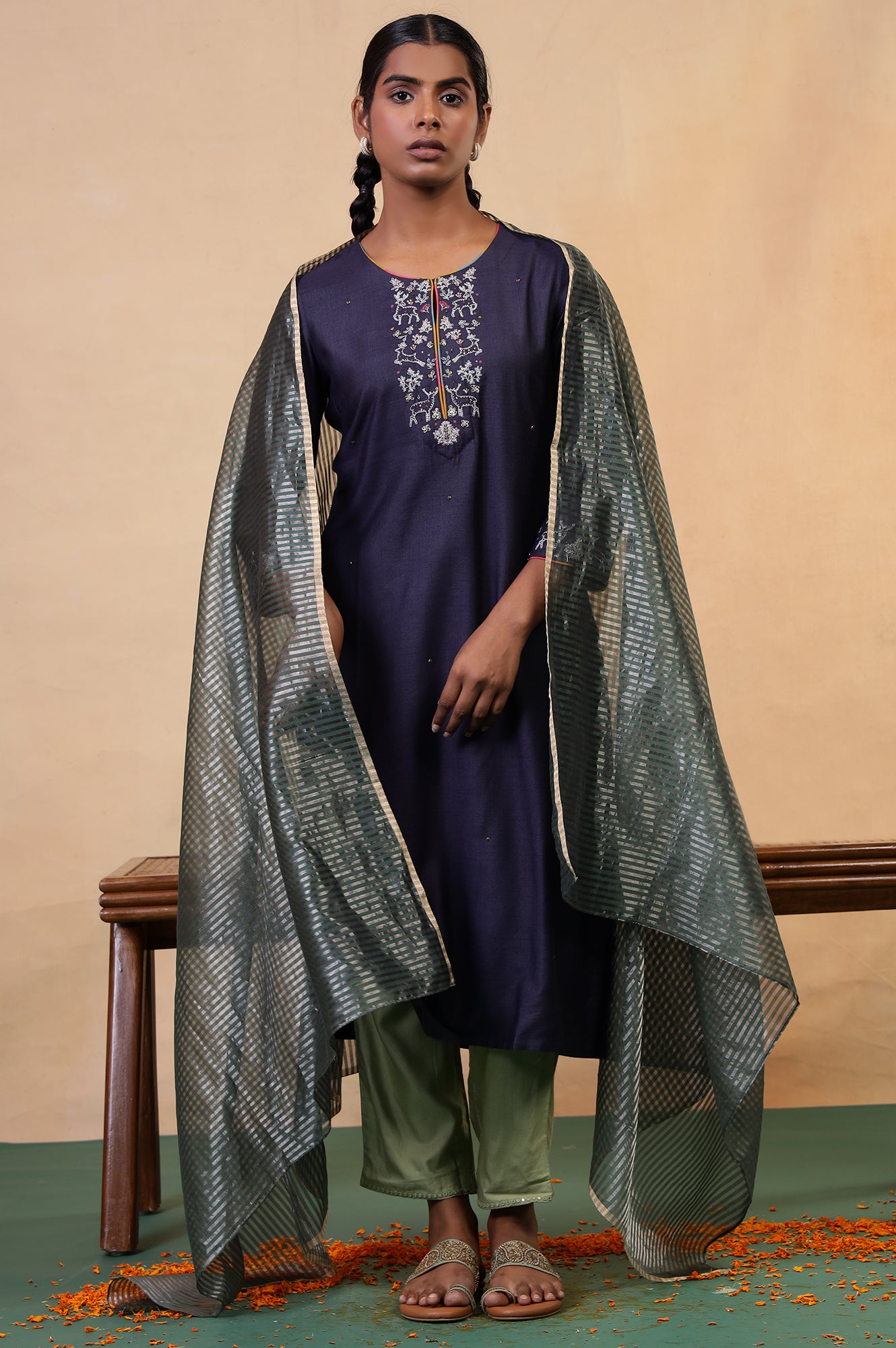 Folksong Blue Grey Sequin Embellished Viscose Blend Straight Kurta