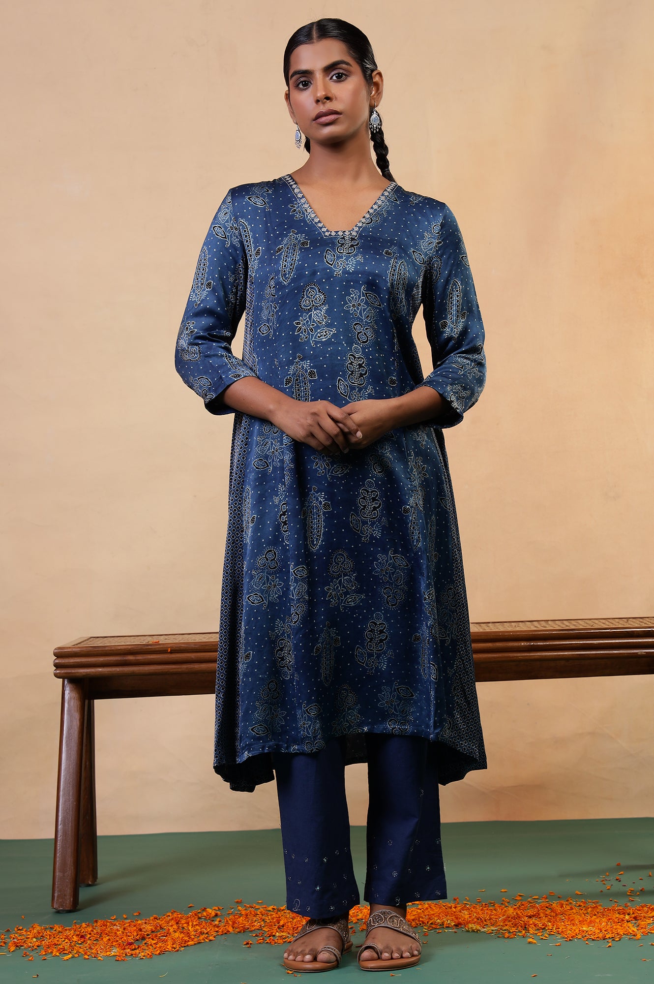 Folksong Indigo Floral Metallic Embroidered Viscose Flared Ajrakh Kurta