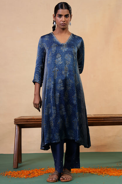 Folksong Indigo Floral Metallic Embroidered Viscose Flared Ajrakh Kurta