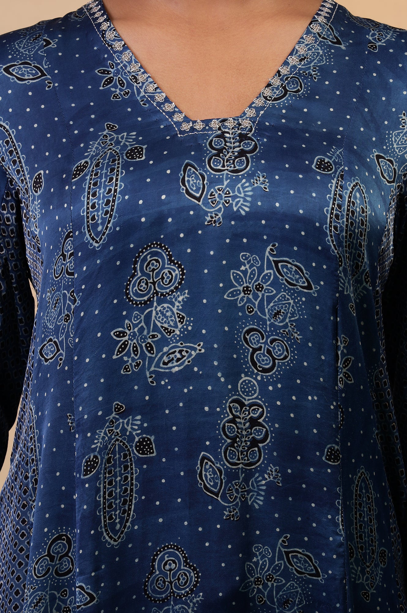 Folksong Indigo Floral Metallic Embroidered Viscose Flared Ajrakh Kurta