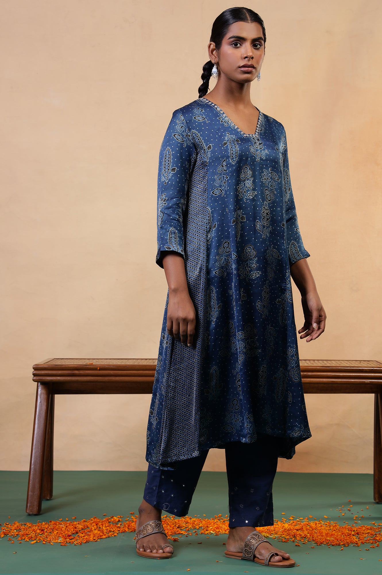 Folksong Indigo Floral Metallic Embroidered Viscose Flared Ajrakh Kurta