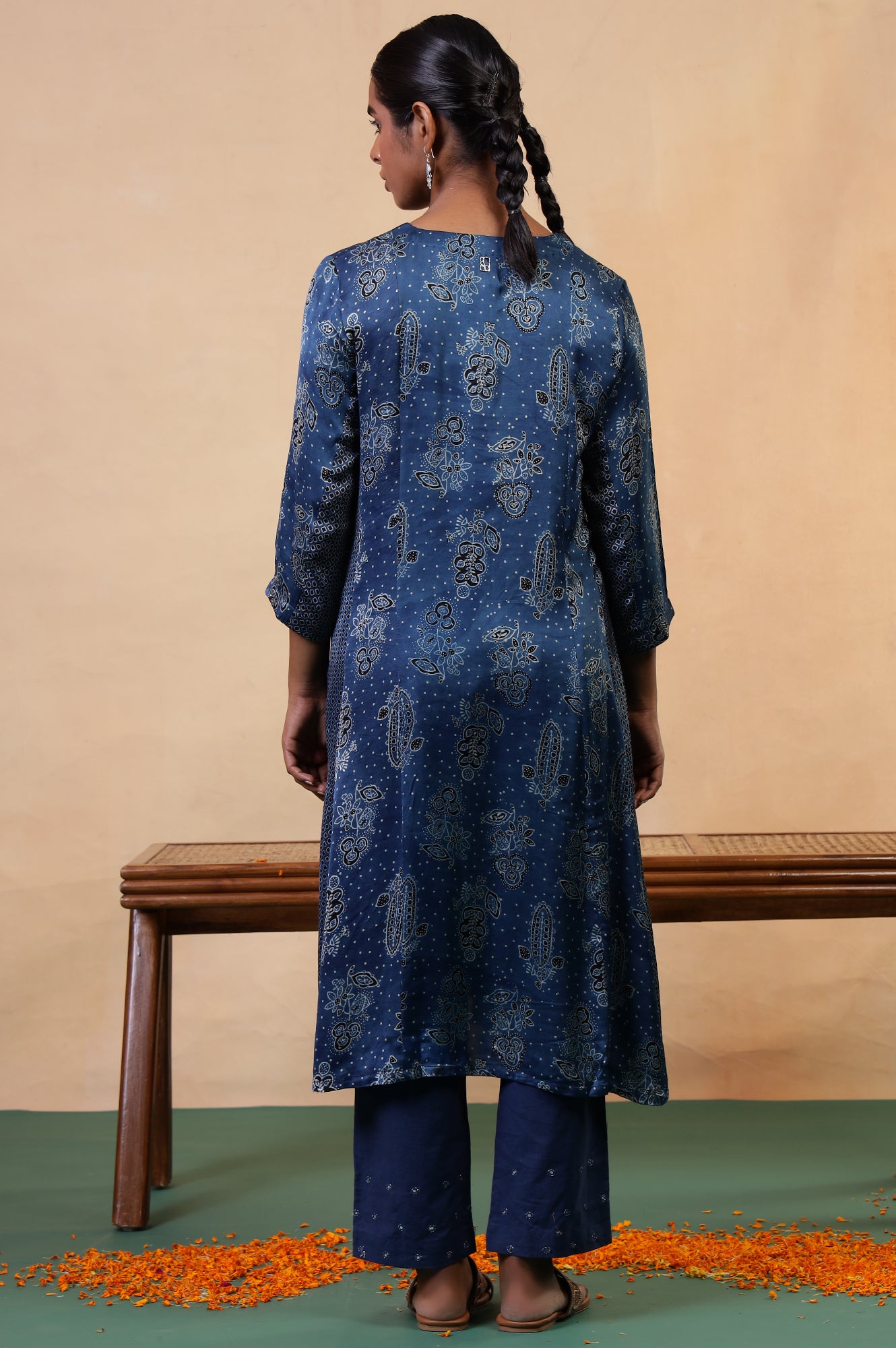 Folksong Indigo Floral Metallic Embroidered Viscose Flared Ajrakh Kurta