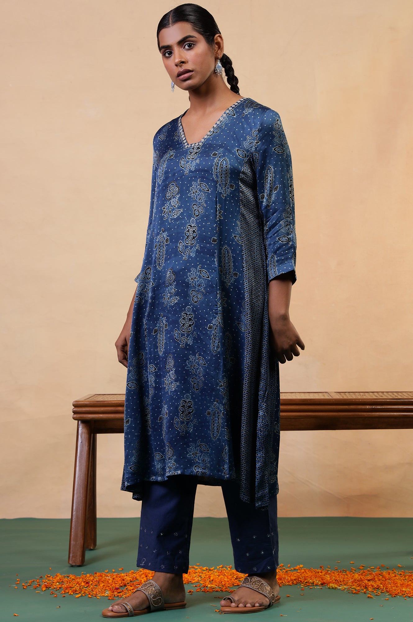 Folksong Indigo Floral Metallic Embroidered Viscose Flared Ajrakh Kurta