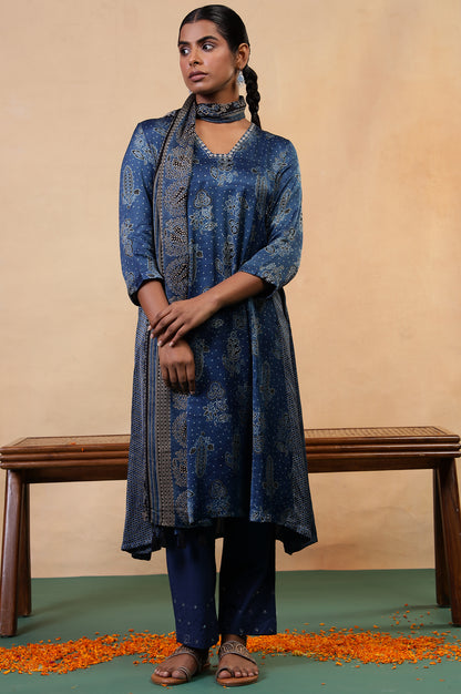 Folksong Indigo Floral Metallic Embroidered Viscose Flared Ajrakh Kurta