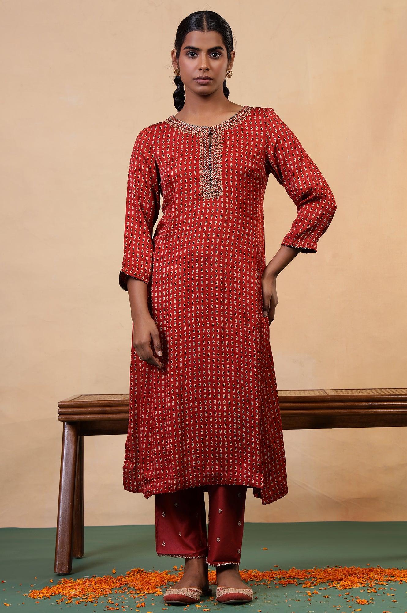 Folksong Rust Orange Viscose A-Line Ethnic Motif Ajrakh Print Kurta