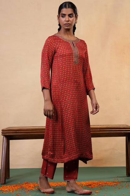 Folksong Rust Orange Viscose A-Line Ethnic Motif Ajrakh Print Kurta