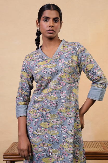 Folksong Opal Blue Cotton Straight-Fit Floral Hand Block Printed Kurta