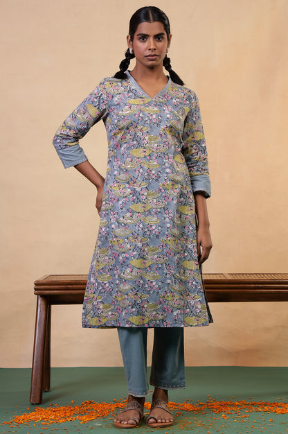 Folksong Opal Blue Cotton Straight-Fit Floral Hand Block Printed Kurta