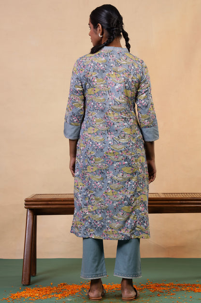 Folksong Opal Blue Cotton Straight-Fit Floral Hand Block Printed Kurta