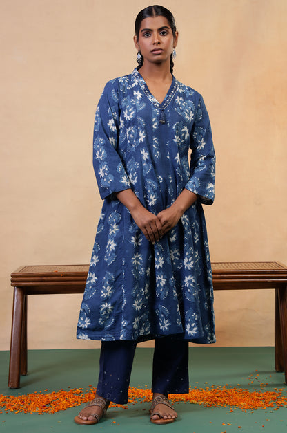 Folksong Indigo Blue Cotton Flared Floral Hand Block Printed Anarkali