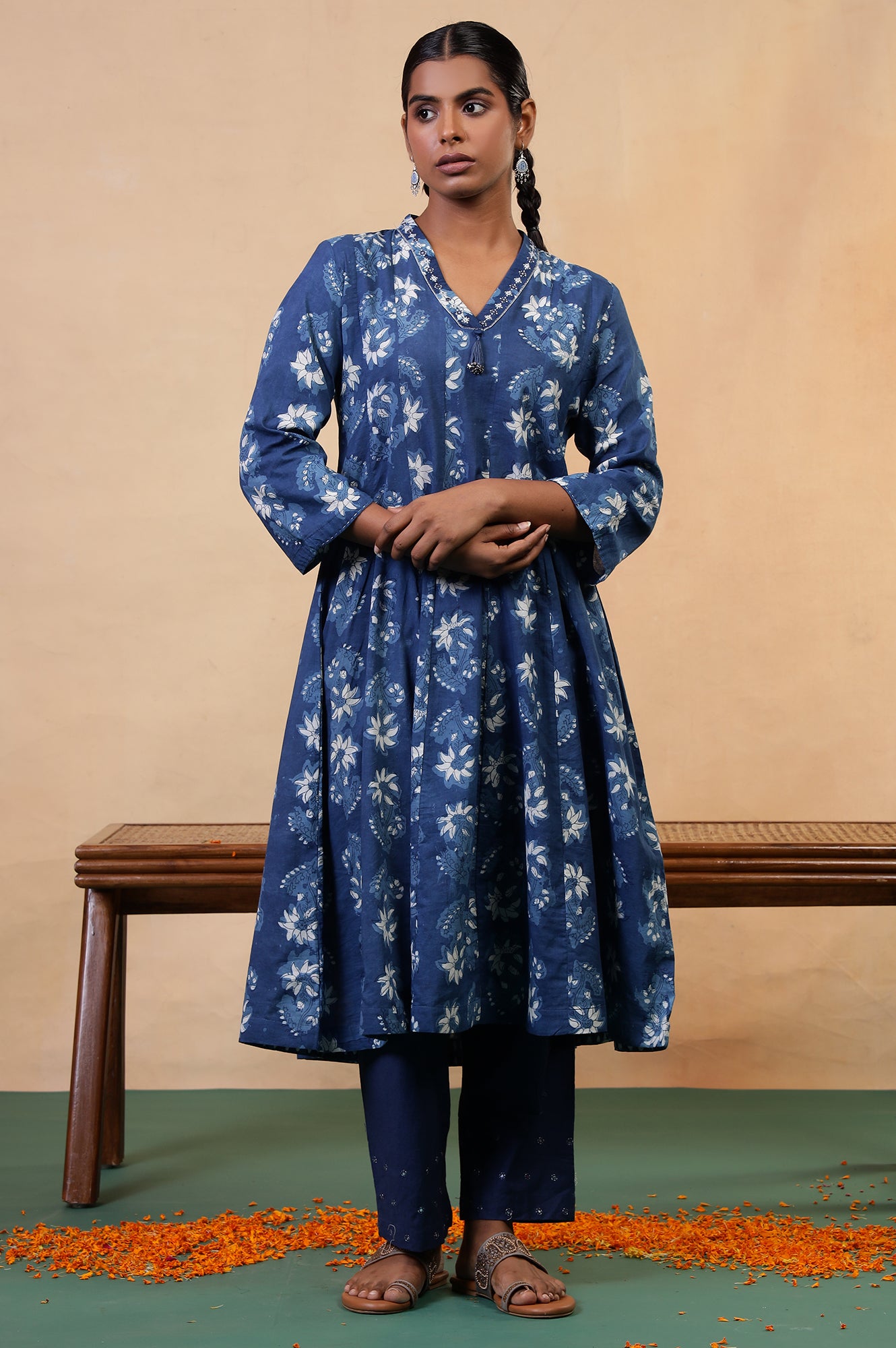 Folksong Indigo Blue Cotton Flared Floral Hand Block Printed Anarkali