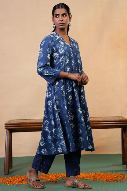 Folksong Indigo Blue Cotton Flared Floral Hand Block Printed Anarkali