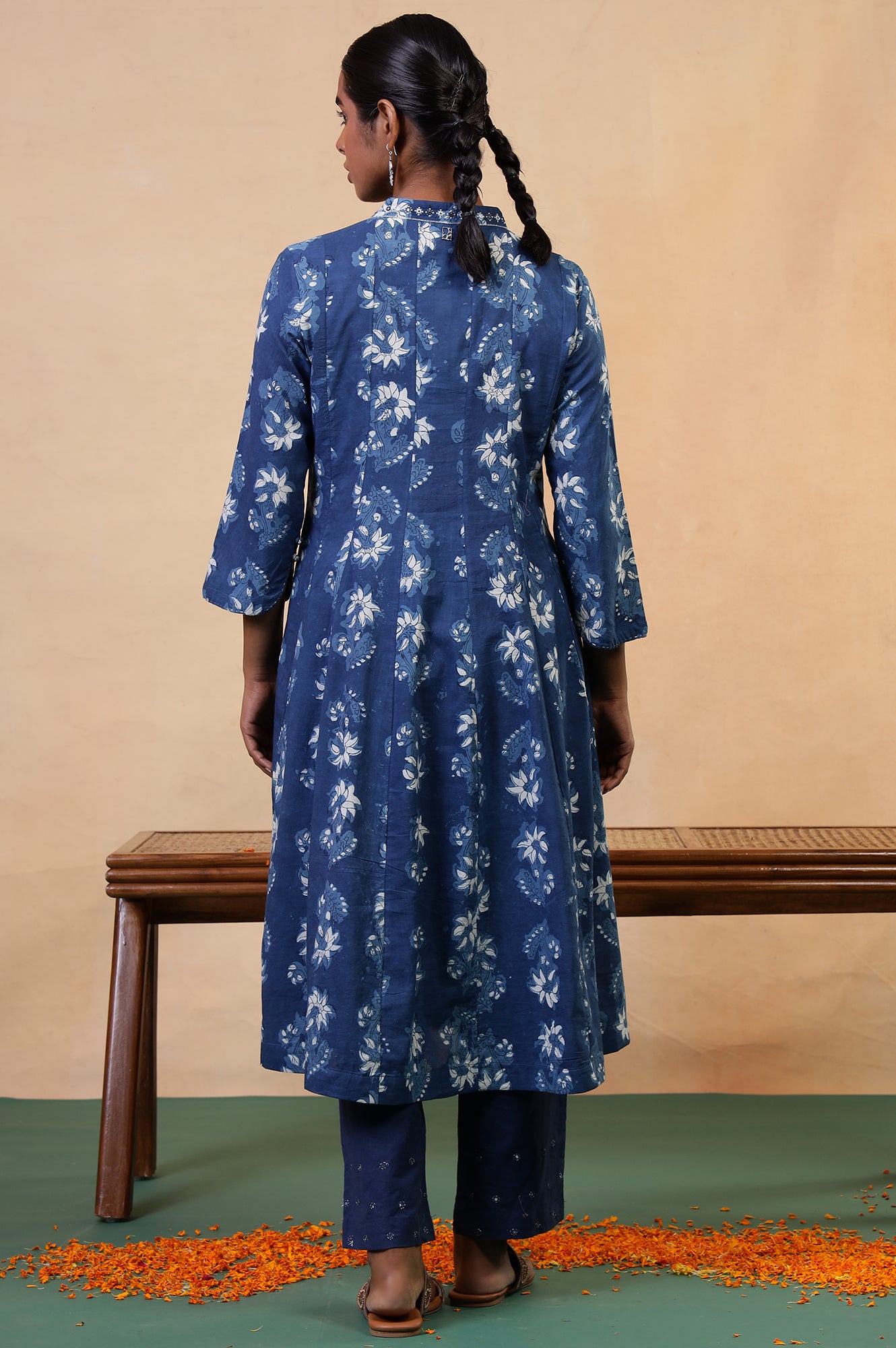 Folksong Indigo Blue Cotton Flared Floral Hand Block Printed Anarkali