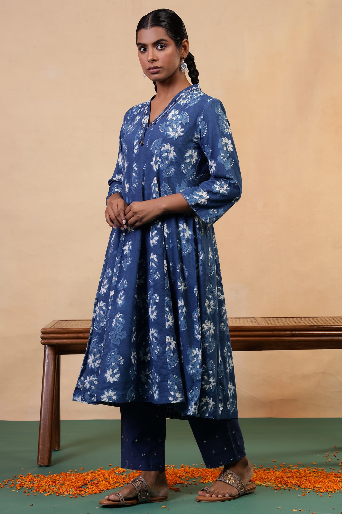 Folksong Indigo Blue Cotton Flared Floral Hand Block Printed Anarkali