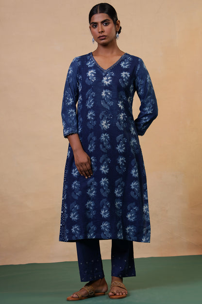 Folksong Indigo Blue Floral Mirror Work Hand Block Printed Cotton Kurta