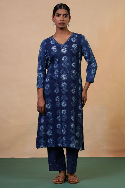 Folksong Indigo Blue Floral Mirror Work Hand Block Printed Cotton Kurta