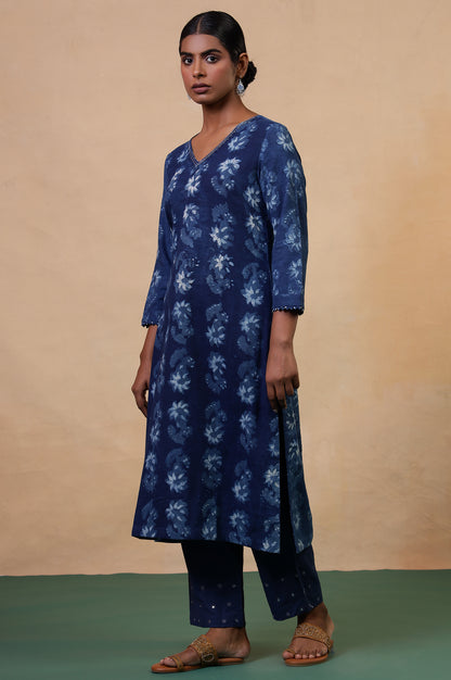 Folksong Indigo Blue Floral Mirror Work Hand Block Printed Cotton Kurta