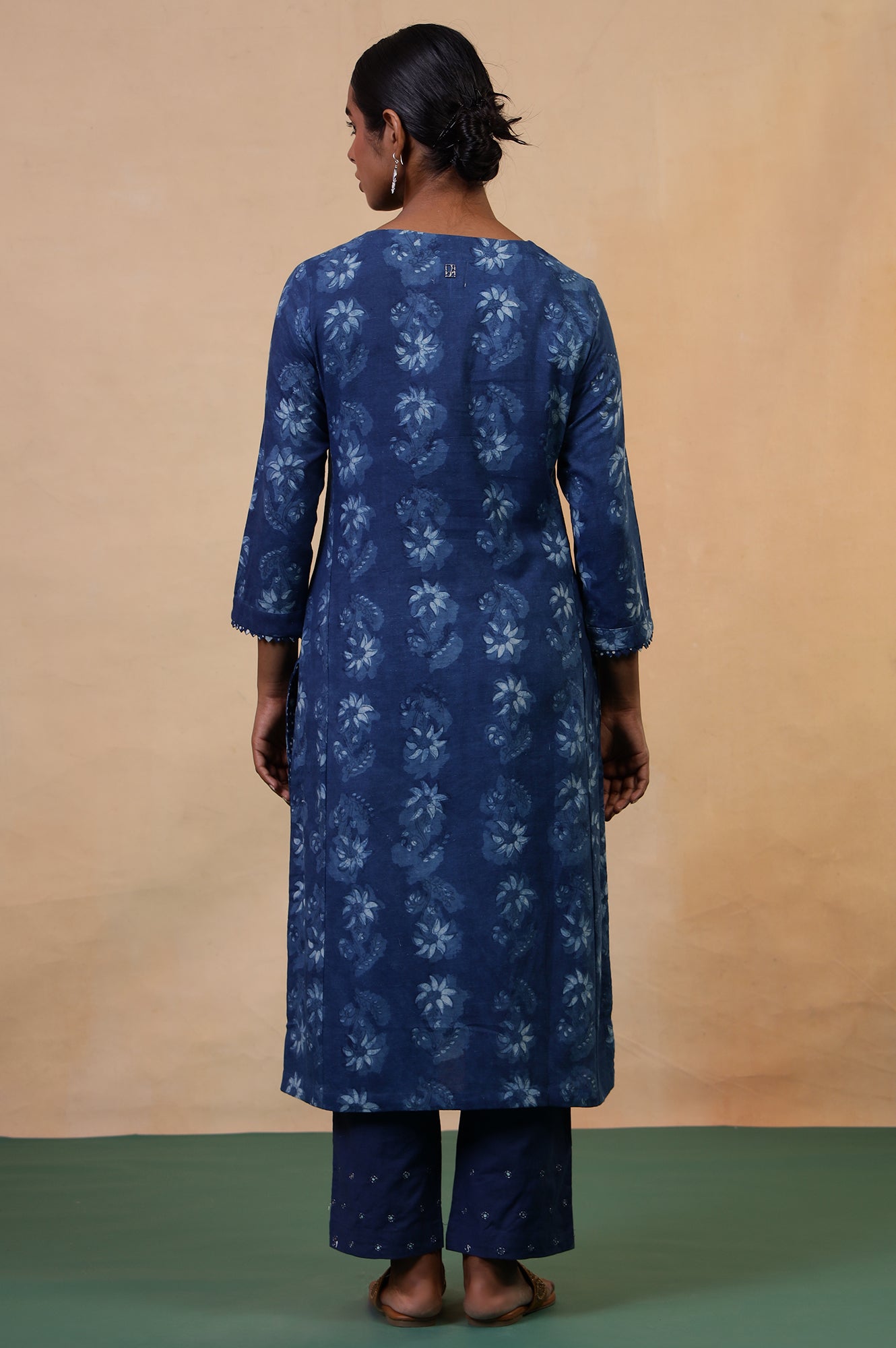 Folksong Indigo Blue Floral Mirror Work Hand Block Printed Cotton Kurta