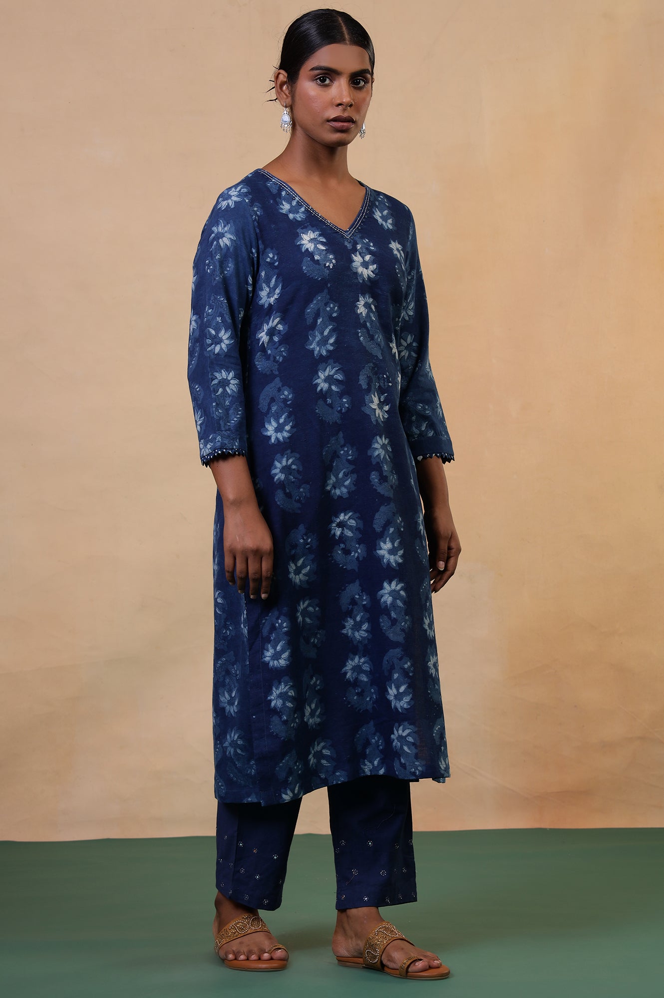 Folksong Indigo Blue Floral Mirror Work Hand Block Printed Cotton Kurta