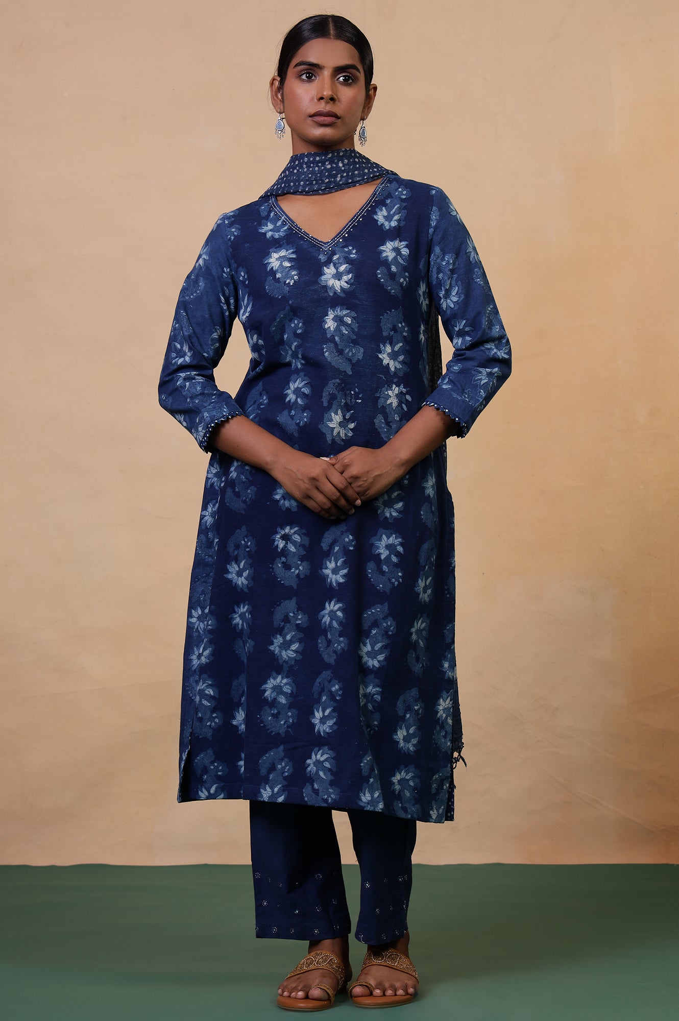 Folksong Indigo Blue Floral Mirror Work Hand Block Printed Cotton Kurta