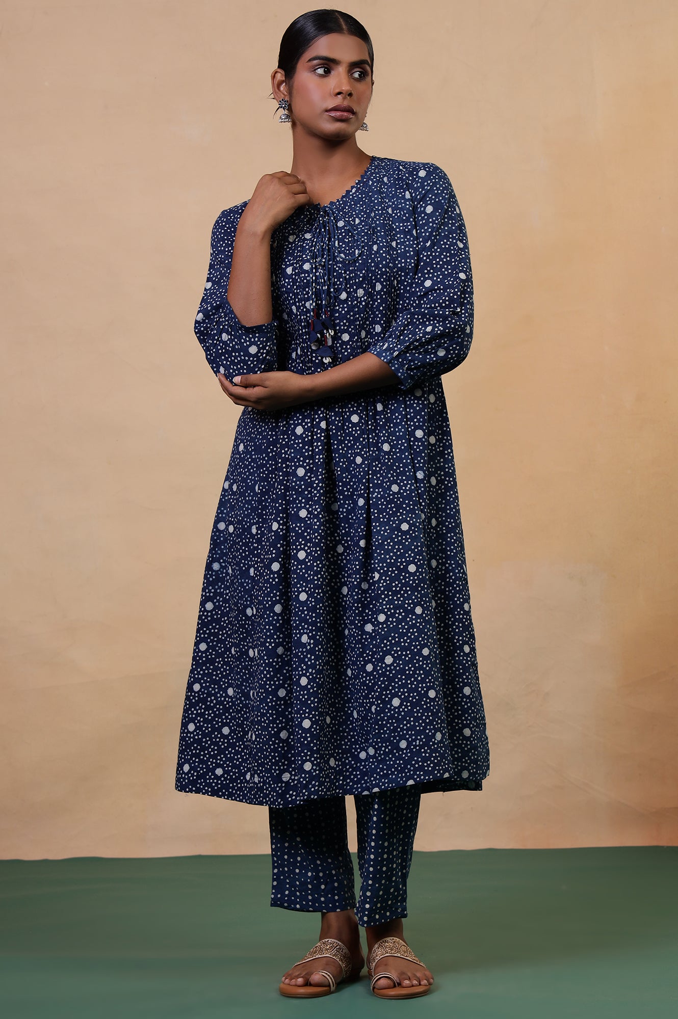 Folksong Indigo Cotton A-Line Hand Block Printed Polka Dot Kurta