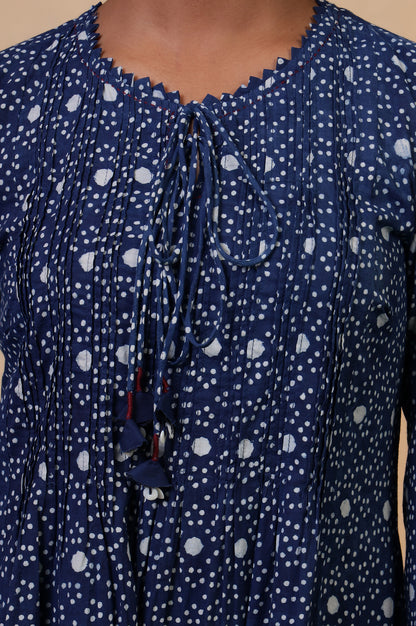 Folksong Indigo Cotton A-Line Hand Block Printed Polka Dot Kurta